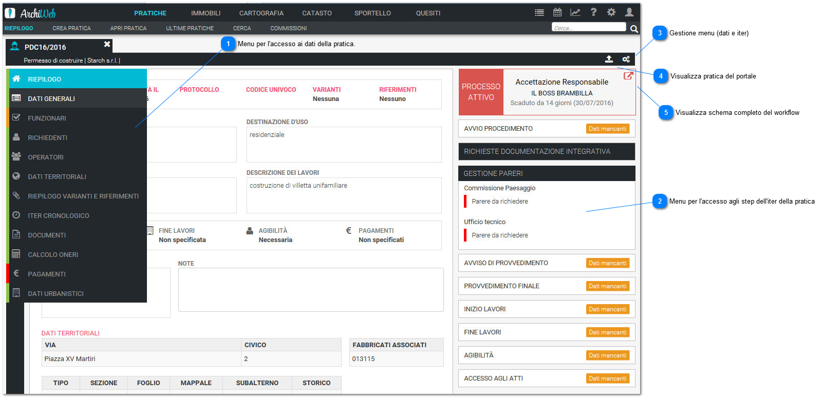 Menu di gestione delle pratiche